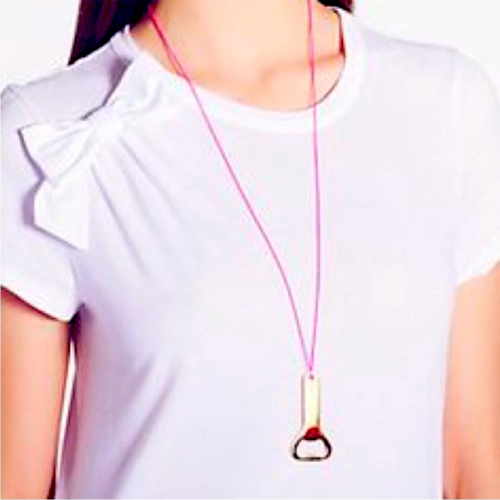 RARE Kate Spade Bottoms Up Gold Plated Bottle Opener Pendant Necklace Neon Pink